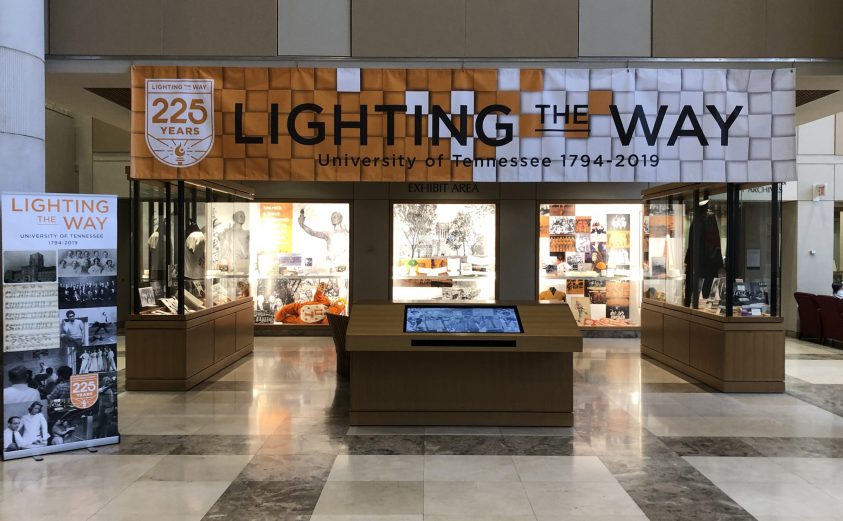 Exhibit featuring banner for 225th anniversary of UT
