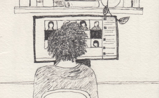 Illustration of the back of a person's head on a zoom call from home