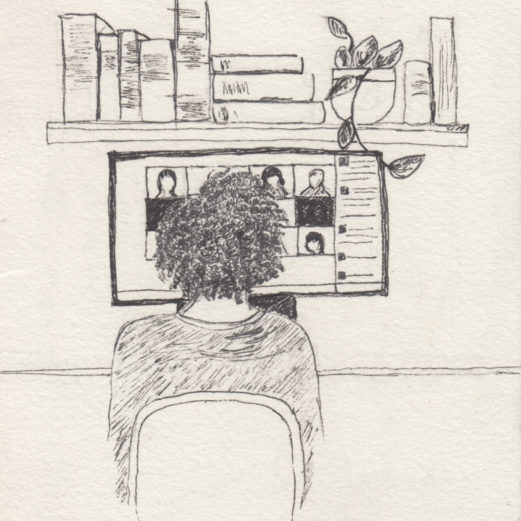 Illustration of the back of a person's head on a zoom call from home