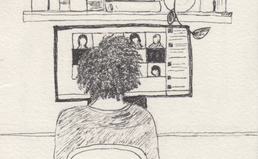 Illustration of the back of a person's head on a zoom call from home