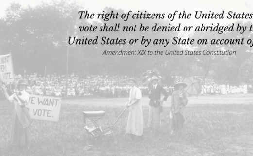 Black and white photo of a women's voting protest with Amendment XIX to the US Constitution included