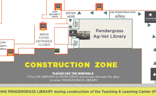 A map that outlines the construction entrance to Pendergrass Library