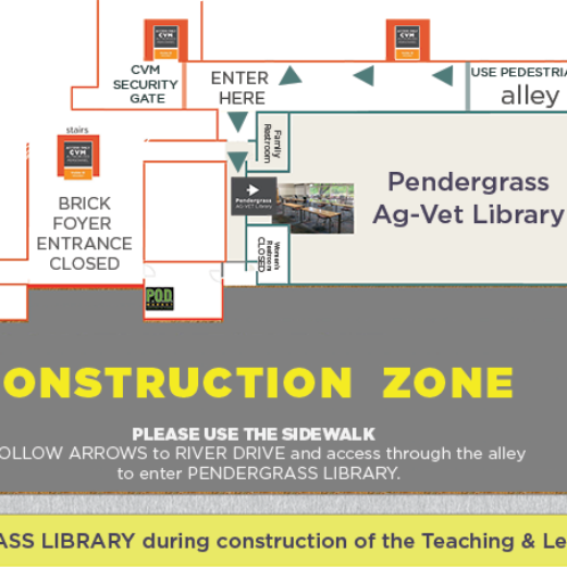 A map that outlines the construction entrance to Pendergrass Library