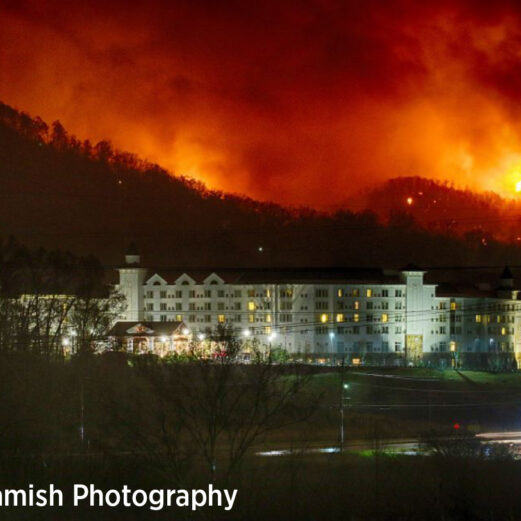 Dollywood with Chimney Tops 2 fire in the background (Bruce McCamish Photography)