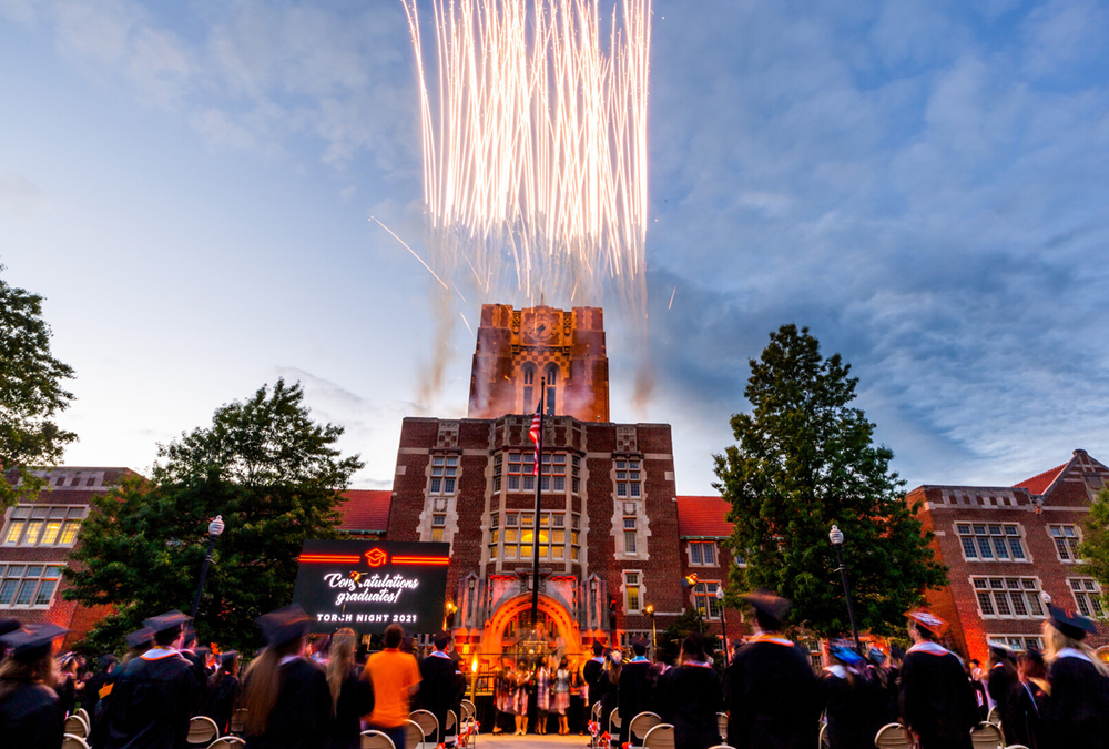 Fireworks explode over Ayres Hall during Torch Night: A Farewell to Thee for the graduating class of 2021.