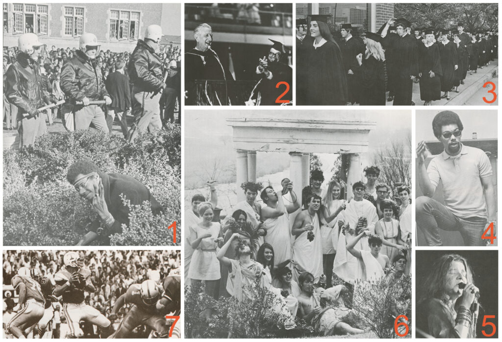 Photos from the 1970 Volunteer yearbook: (1) Campus was roiled by protests. (2) It was Andy Holt’s last year as president of the university. (3) Commencement procession. (4) Jimmie Baxter was UT’s first Black student body president. (4) Janis Joplin performed the Homecoming concert. (5) Fraternity life. (6) It’s football time in Tennessee!
