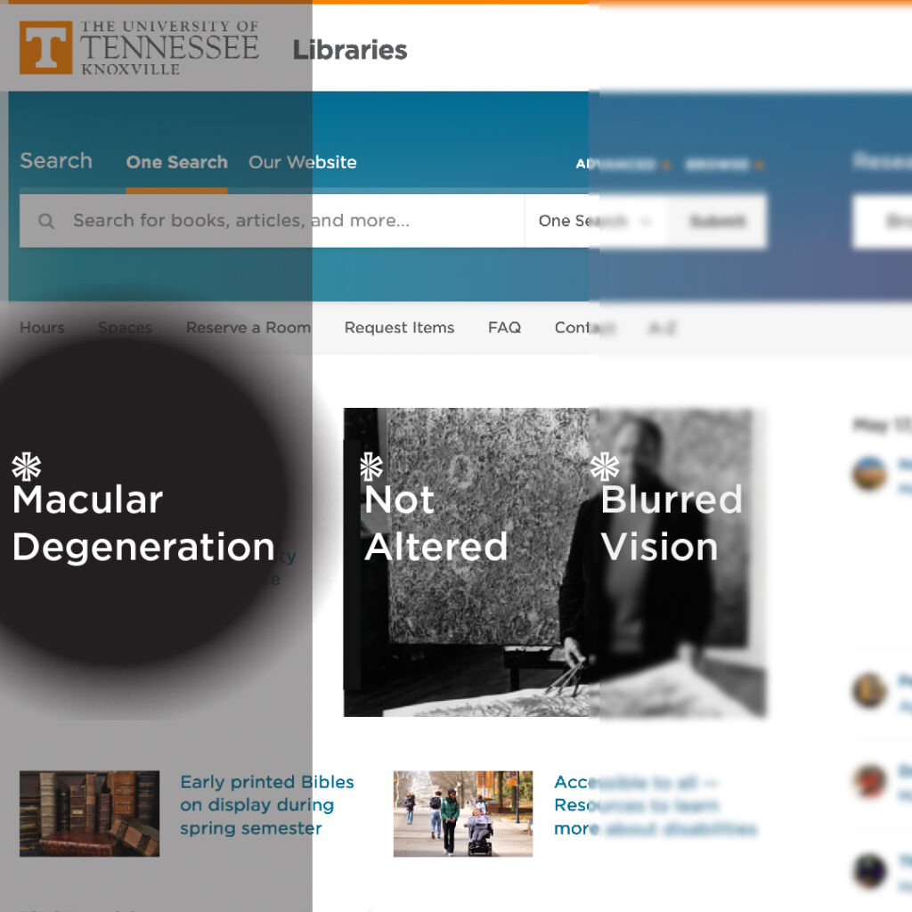 Screen capture shows how the Libraries’ homepage appears to someone with macular degeneration and other visual impairments.