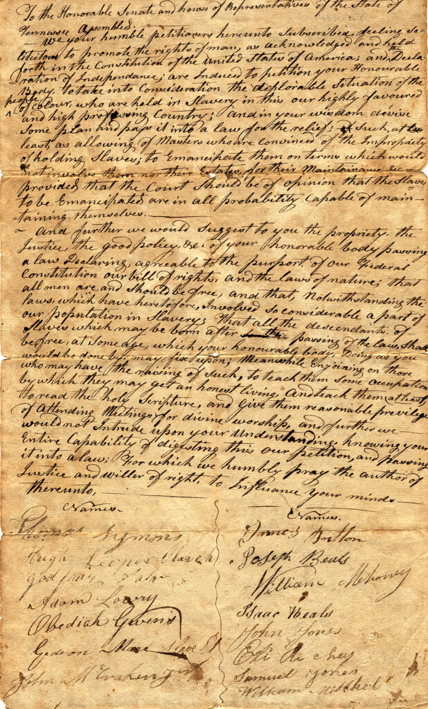 Petition to the Tennessee General Assembly to abolish slavery within the state, ca. 1830
