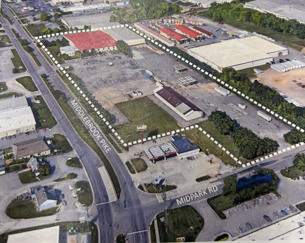 Arial image of three buildings and parking lot located at the crossroads of Middlebrook Pike and Midpark Road