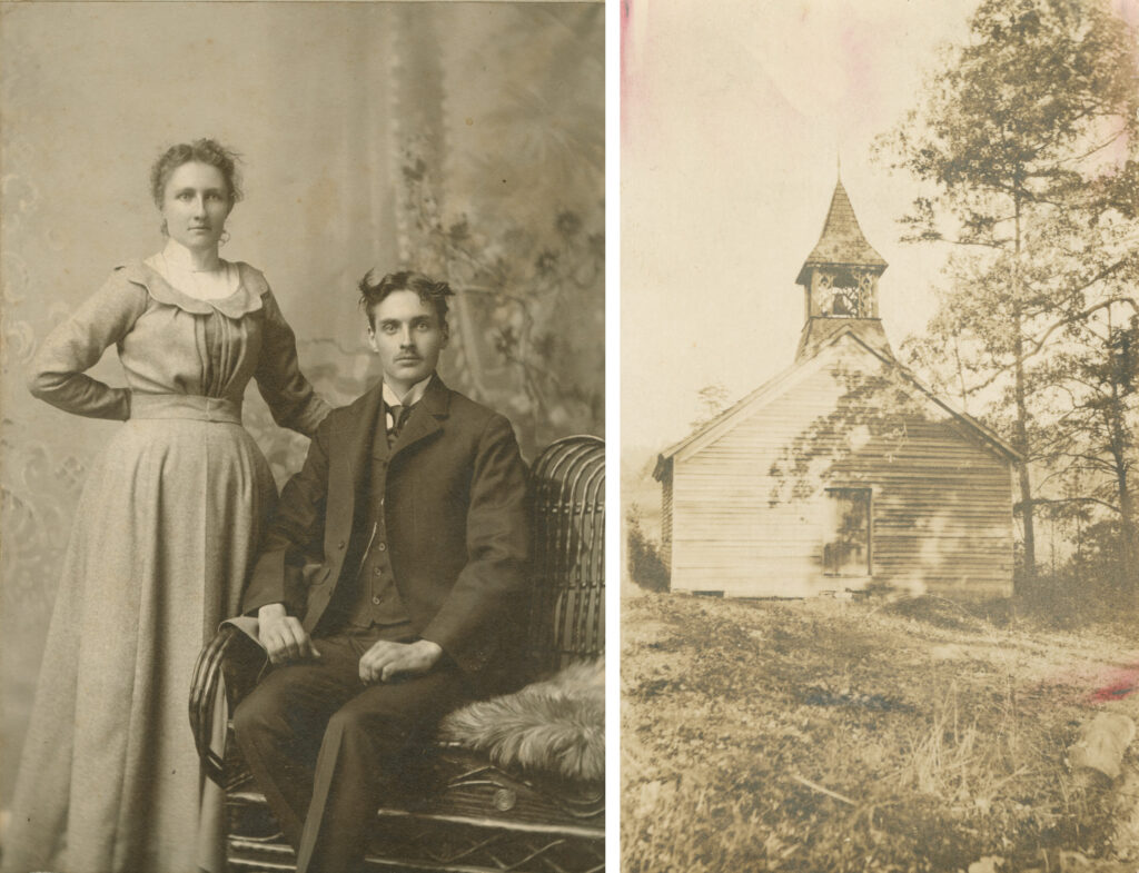 Left: Nancy Ann and John W. Oliver, 1901. Right: Primitive Baptist Church, Cades Cove.