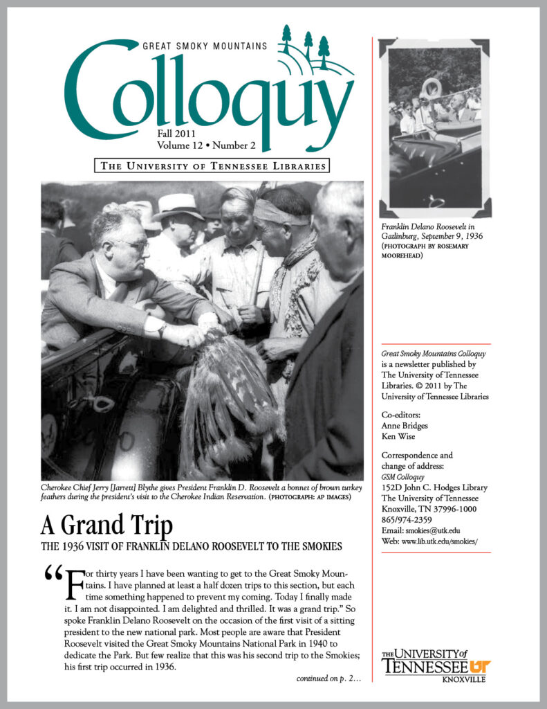 Cover of the Fall 2011 issue of the “Great Smoky Mountains Colloquy” pictures President Franklin D. Roosevelt’s 1936 visit to Gatlinburg, TN