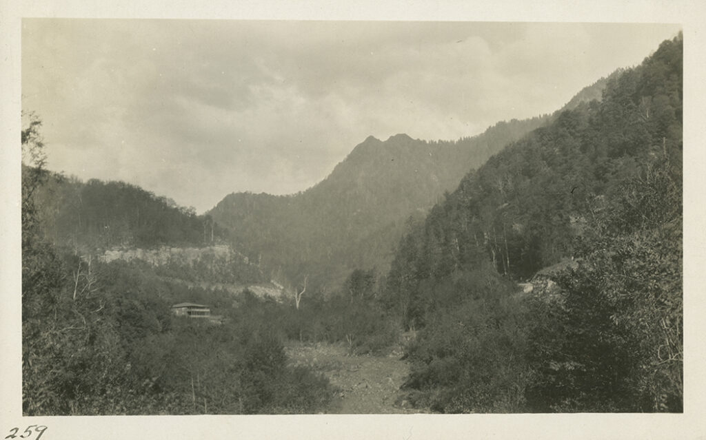 Chimney Tops with the old Indian Gap Hotel in the foreground, 1929