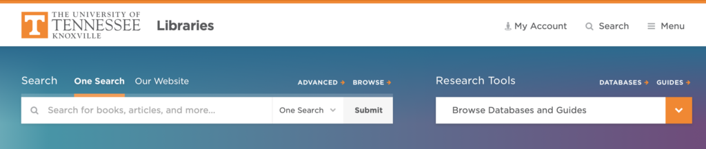 Screenshot of OneSearch search bar in banner of UT Libraries’ homepage