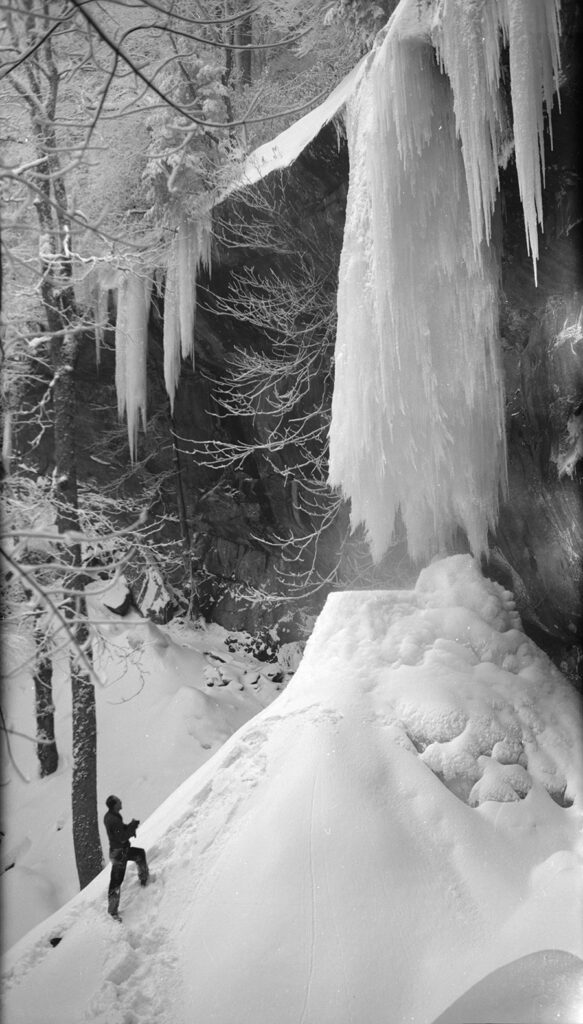 Frozen Rainbow Falls, February 16, 1958 (Albert “Dutch” Roth Photograph Collection, UT Libraries)