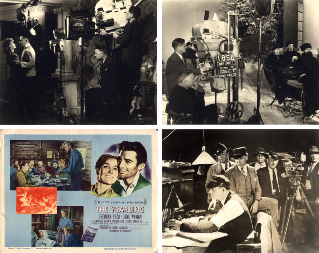 Collage of photos from films directed by Clarence Brown: Clarence Brown directing Greta Garbo and Fredric March in “Anna Karenina”; lobby card for “The Yearling”; Clarence Brown acting in a bit part in “The Signal Tower”