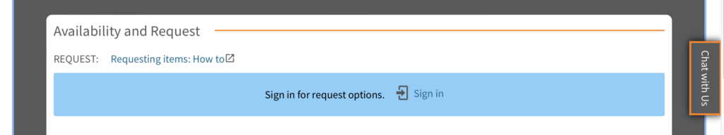 Example of search results from the OneSearch discovery tool, showing the “Availability and Request” screen: “Sign in for request options” then “Request from another Library”