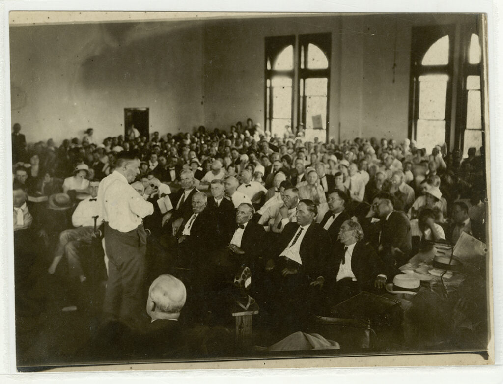 Clarence Darrow addresses the jury in the Scopes “Monkey Trial” (Dayton, TN, 1925), a test of the law that made it illegal for Tennessee’s public schools to teach the theory of evolution.