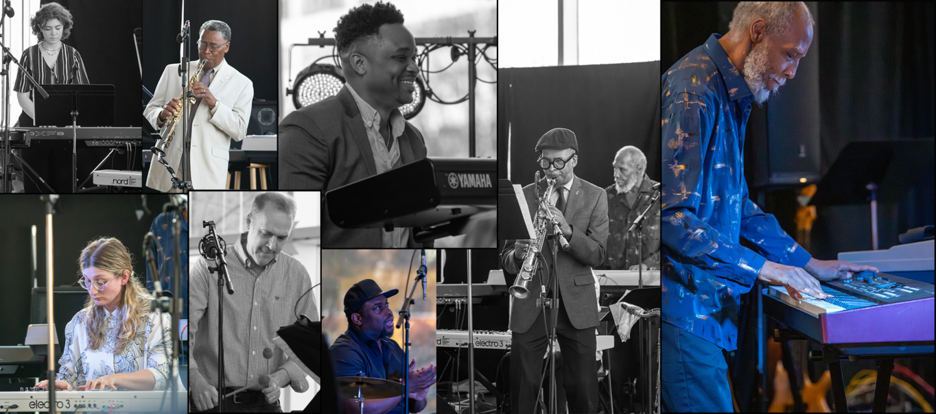 Photo collage: Donald Brown and other jazz musicians at the Boundless: Artists in the Archives performance, March 16, 2025