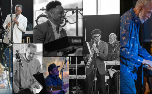 Photo collage: Donald Brown and other jazz musicians at the Boundless: Artists in the Archives performance, March 16, 2025